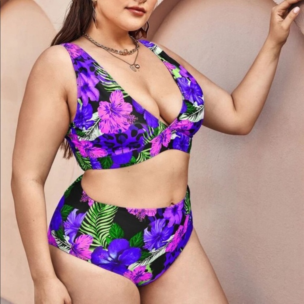 Two piece blue and purple floral swimsuit